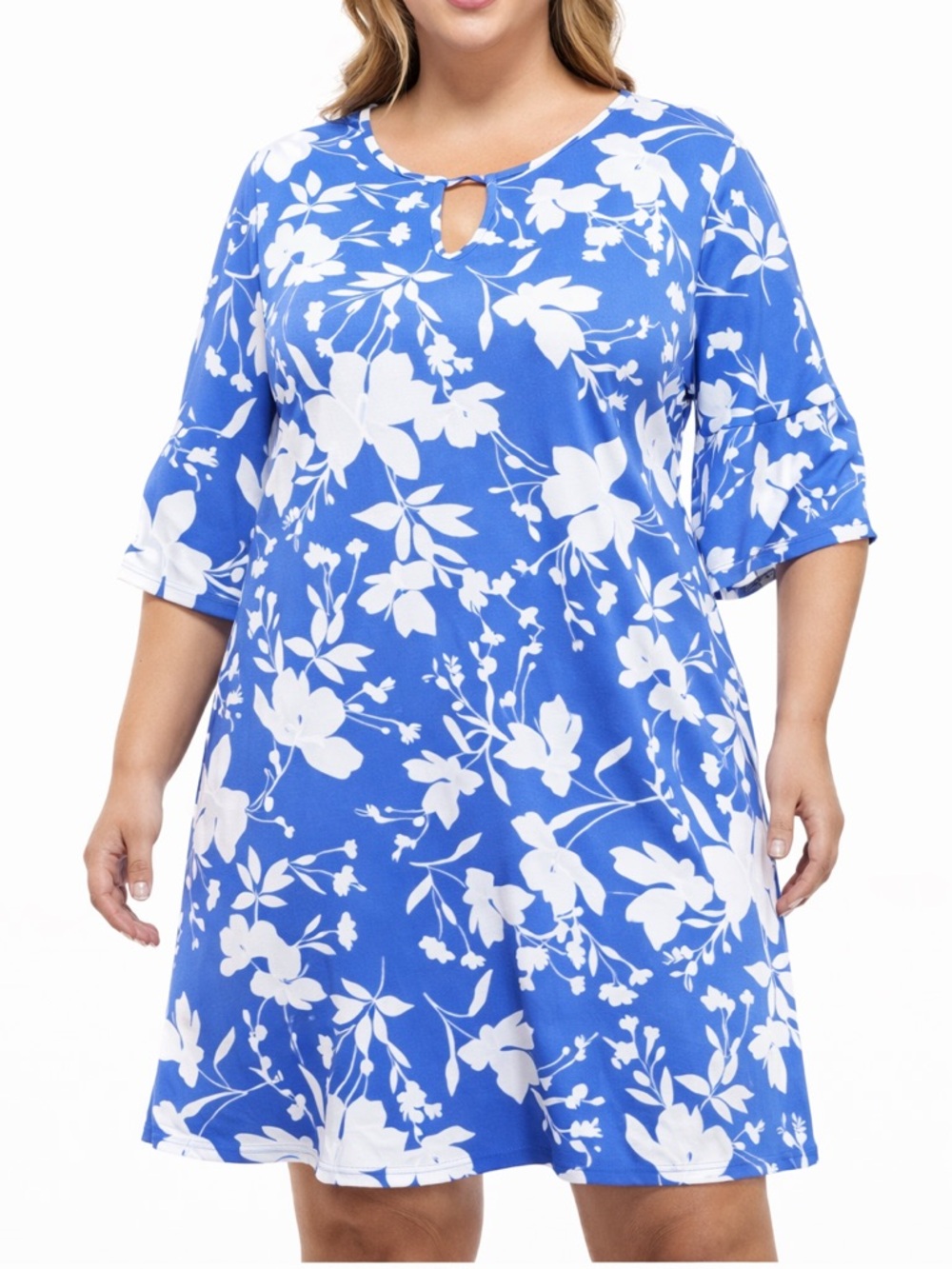 NWT Ruby Rd. Blue White Floral Dress Keyhole Neck Casual Summer XL Costal Breezy